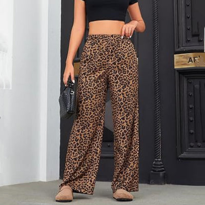 Women's Leopard Print Elastic High Waist Trousers - Byairvana