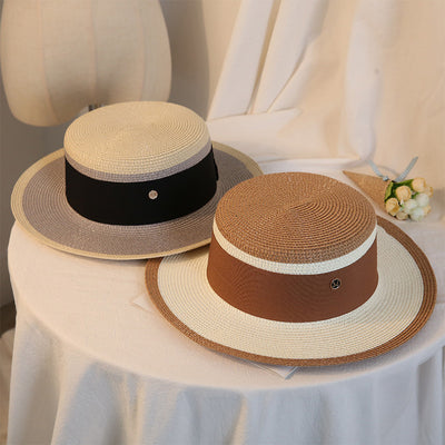 Summer Elegant Retro Women Flat Top Straw Hat Trip Caps Leisure Beach Sun Hats M Letter Breathable Flower Beach Hat - Byairvana