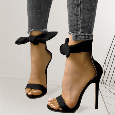 Womens Sandals Shoes Suede High Heel Ankle Strap Big Bowknot - Byairvana