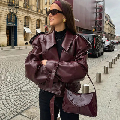 Loose Lapel Leather Jacket Fashion Cropped Tops Streetwear For Womens Clothing - Byairvana