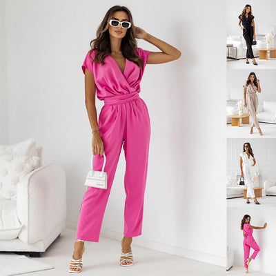 Fashion Solid Color Slimming Short-sleeved Jumpsuit Summer Lace-up Trousers Womens Clothing - Byairvana