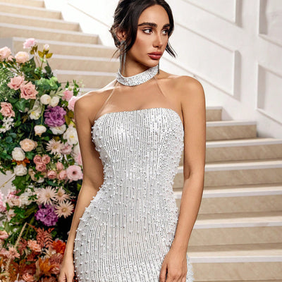 Fashion Solid Color Sexy Hollow-out Lace Evening Dress - Byairvana