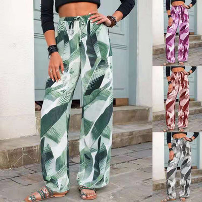 Fashion Drawstring Leaf Print Beach Pants Summer Casual Loose Wide Leg Straight Trousers Womens Clothing - Byairvana