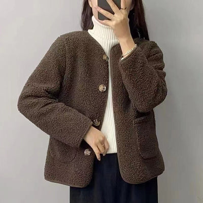 Round Neck Lamb Wool Loose Coat - Byairvana